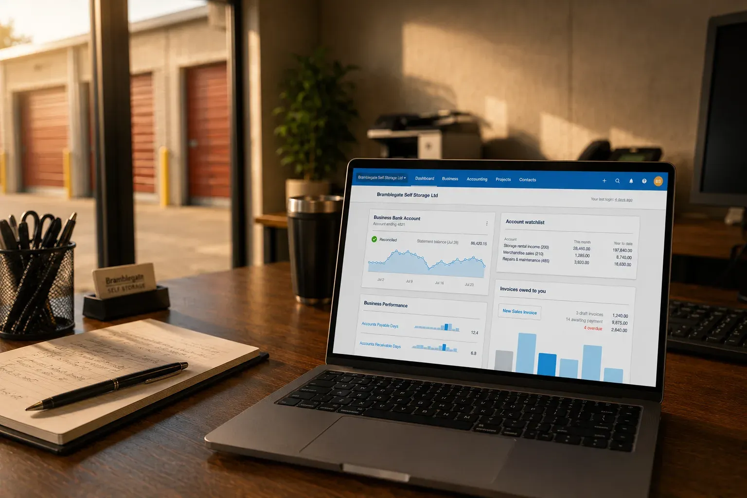 Xero dashboard for a multi-site self storage operator, open on a laptop in a facility office