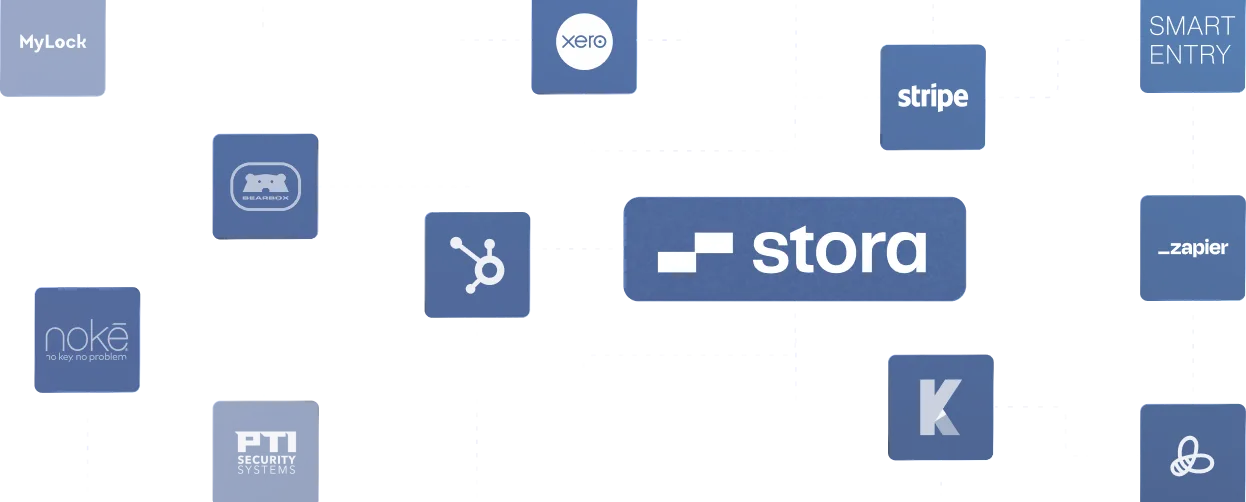 Apps and integrations connected to Stora, including smart entry, accounting and AI tools