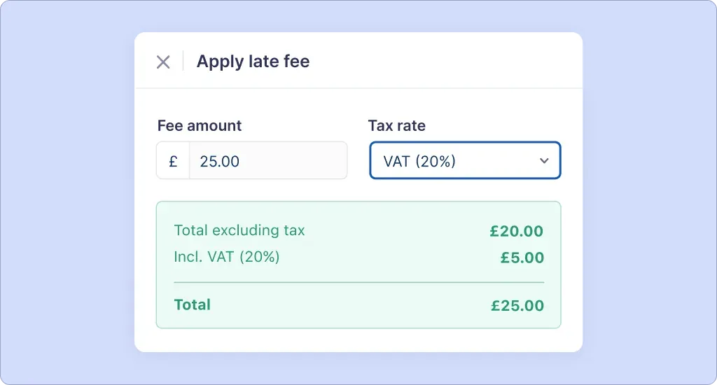 The Apply late fee dialog, showing a fee amount with VAT at 20% broken out beneath it