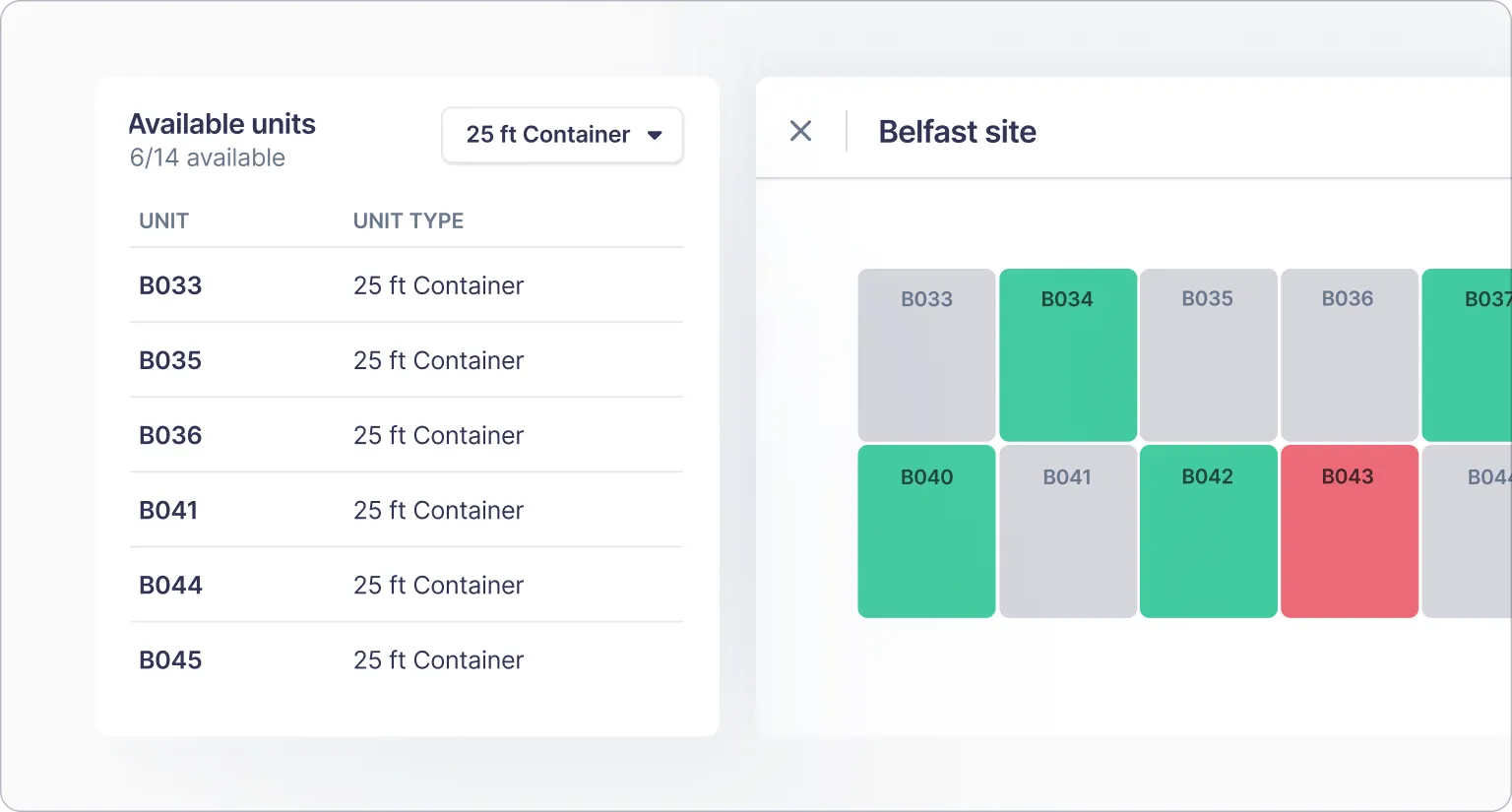 The available units list and facility map for a site in Stora
