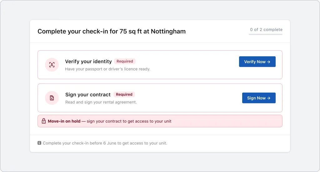 A customer check-in with Verify your identity and Sign your contract marked as required, and move-in on hold until they are complete
