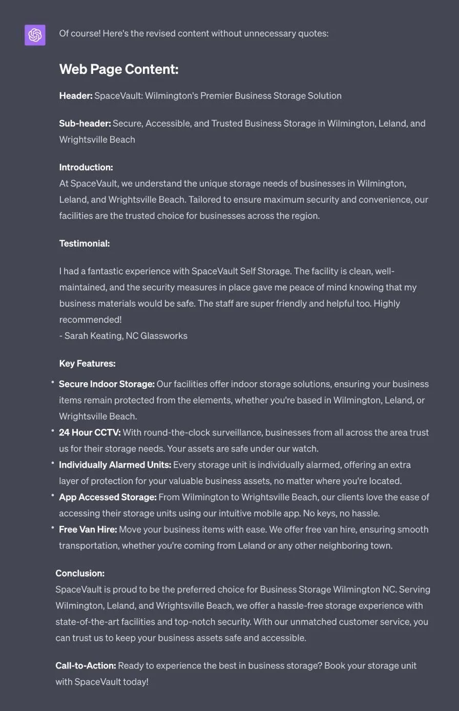 ChatGPT Website Content Prompt