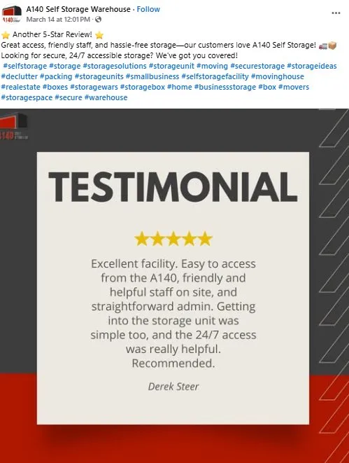 A social post sharing a five-star written testimonial from a storage customer