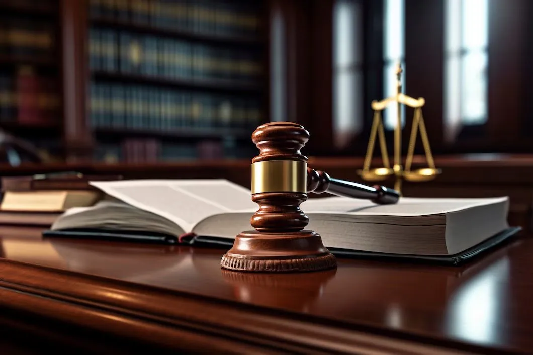 A judge's gavel and a set of brass scales on a desk beside an open book