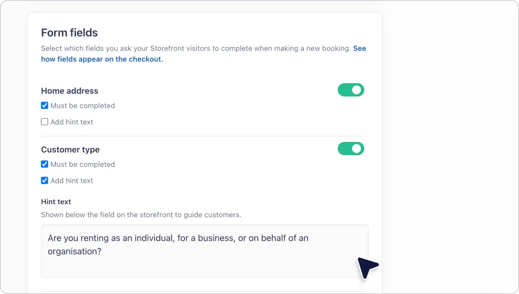 Hint text on checkout form fields