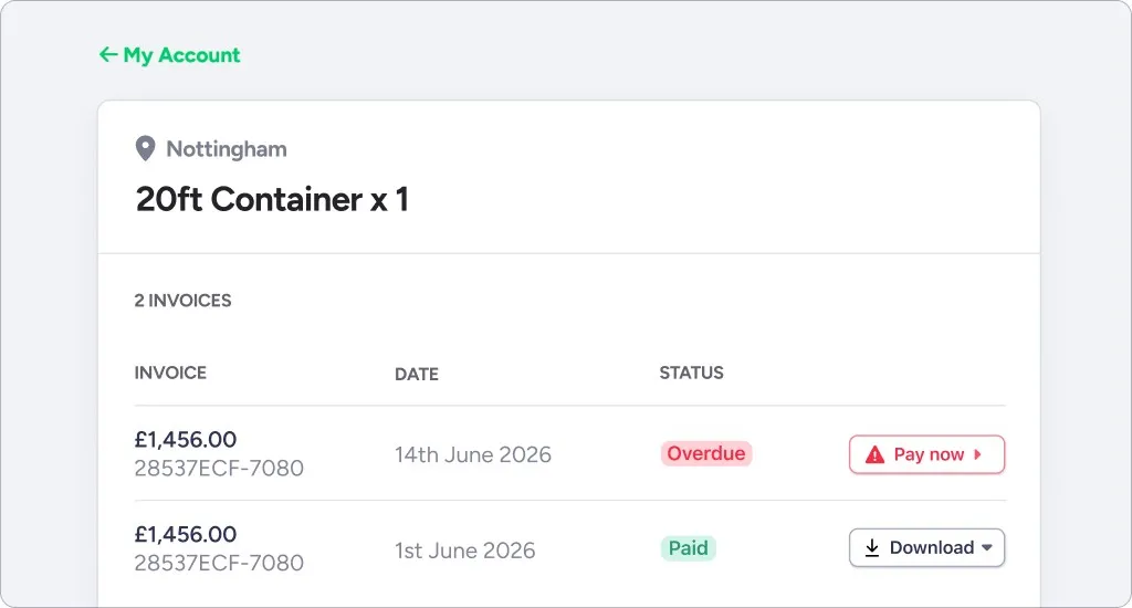 A customer's invoice list in the Stora portal, with an overdue invoice flagged and a Pay now button