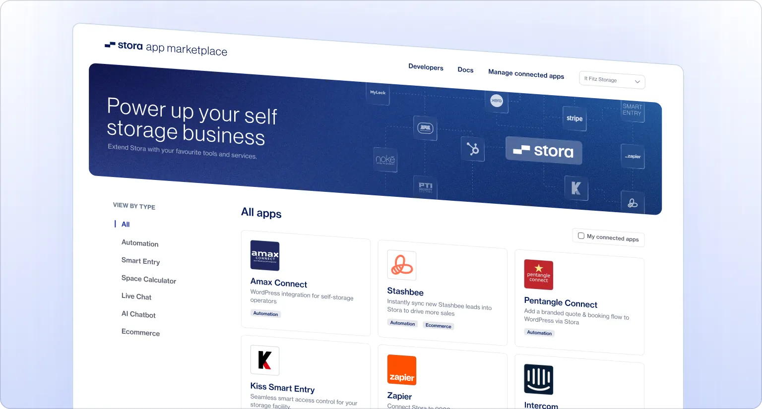 The Stora App Marketplace, showing apps built for self storage