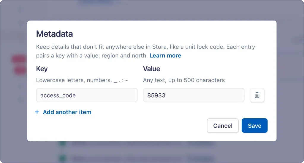 The Metadata dialog in Stora, pairing an access_code key with its value