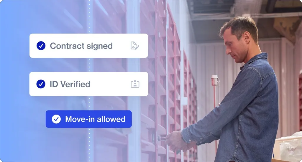 A move-in checklist showing Contract signed and ID Verified ticked off, then Move-in allowed