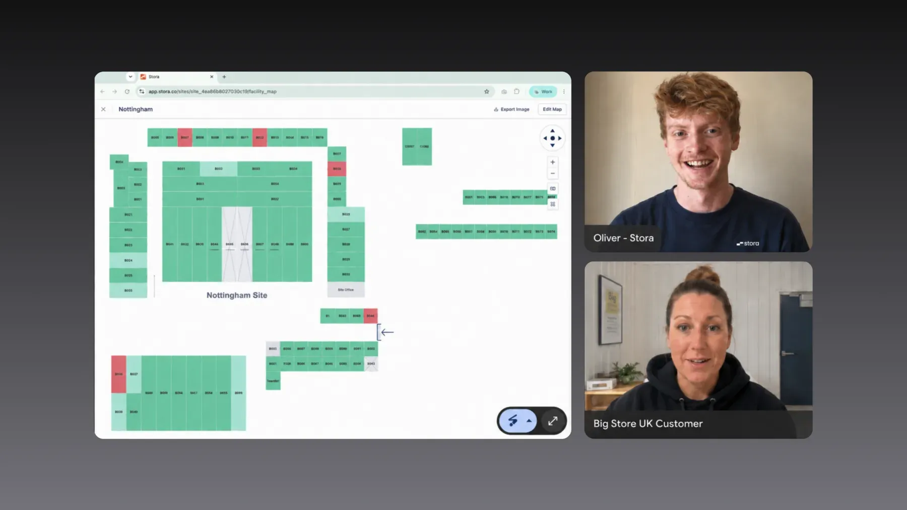A Stora onboarding call for a portfolio migration, with a facility map open alongside the operator
