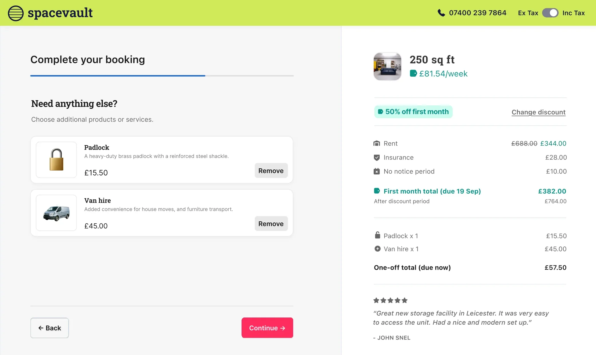 A self storage website checkout built with Stora, adding a padlock and van hire to a booking