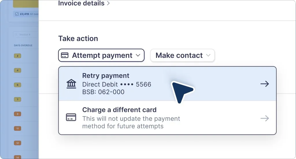The Take action sidebar showing a Retry payment option for a failed direct debit