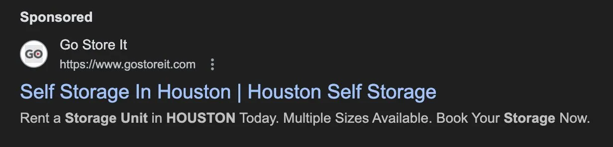 A sponsored Google search result advertising self storage units in Houston