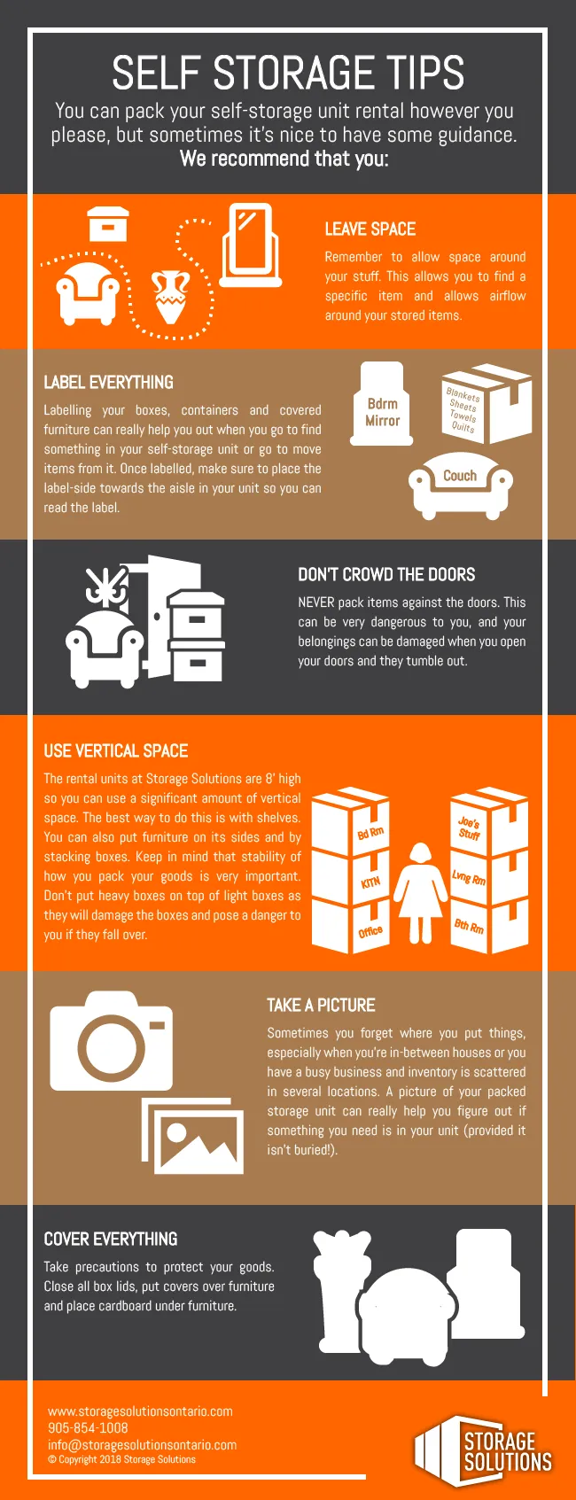An infographic listing self storage tips including labelling boxes and using vertical space