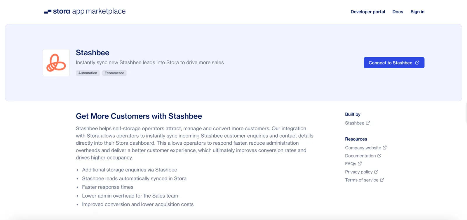 The Stashbee listing on the Stora App Marketplace, with a Connect to Stashbee button