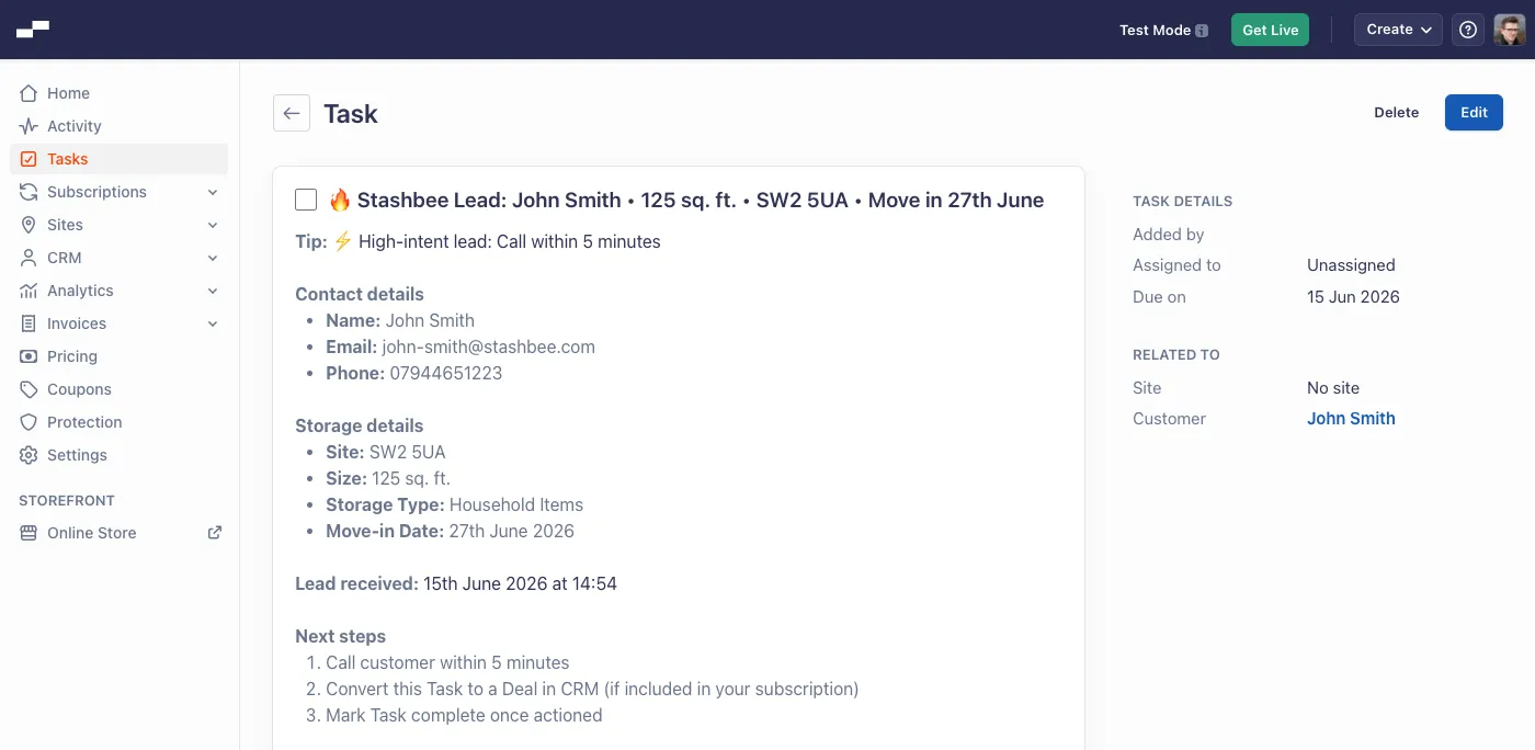 A Stashbee enquiry synced into Stora as a high-intent task, showing the customer’s contact and storage details and a prompt to call within five minutes