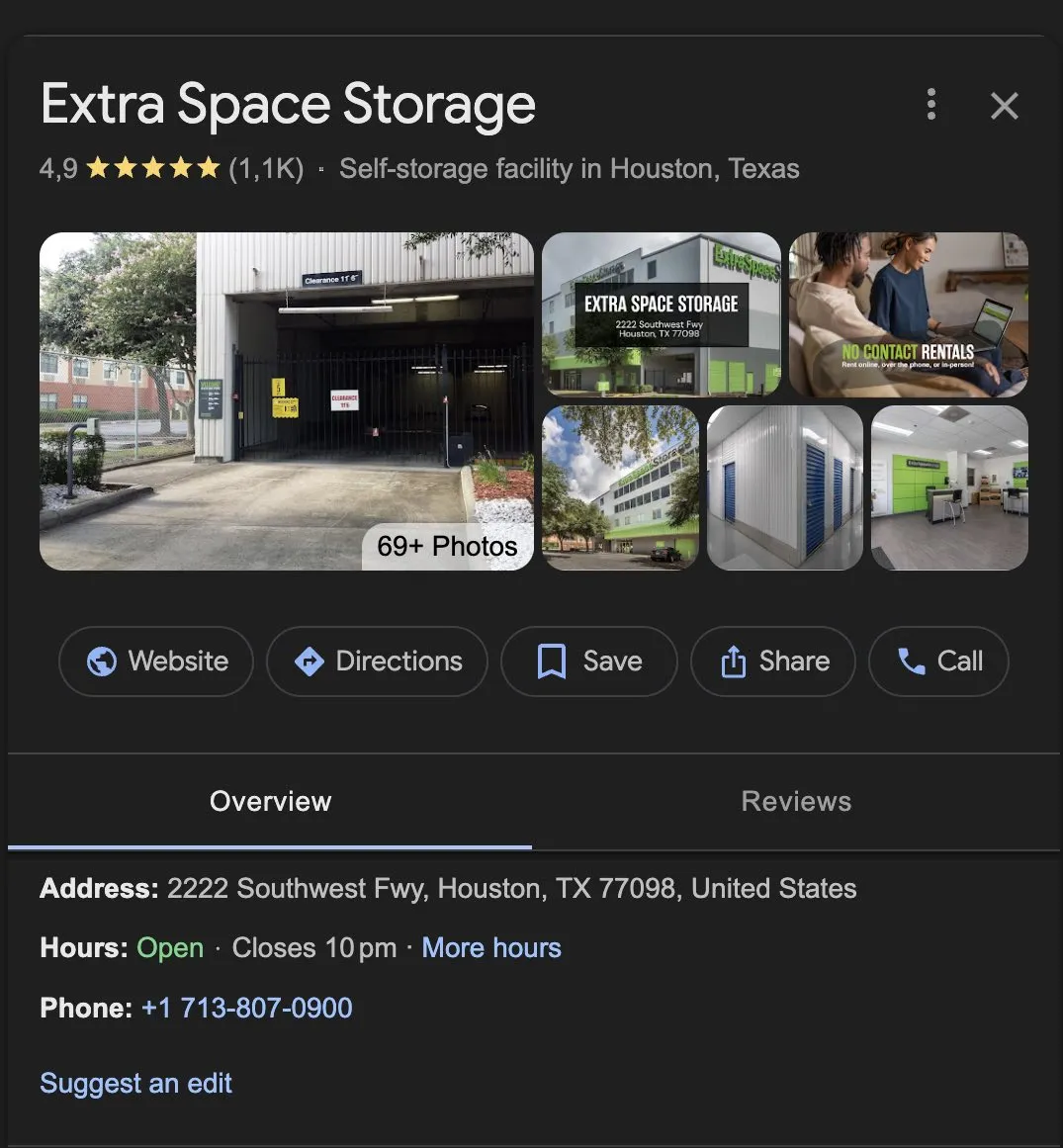 A Google Business Profile for a Houston storage facility showing photos, rating, address and opening hours