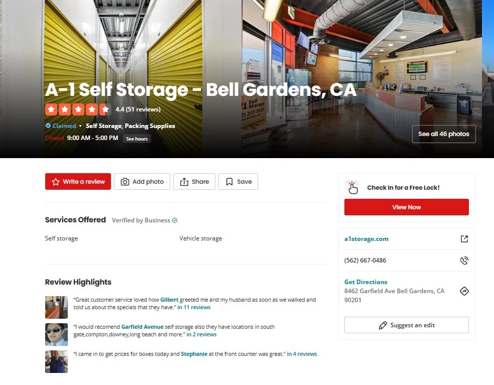 A storage facility listing showing services offered and highlighted quotes from customer reviews