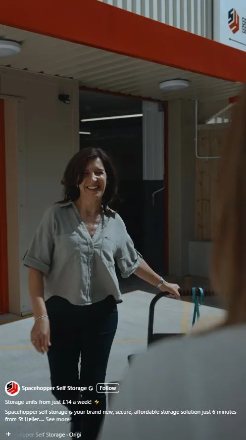 A social video post showing a member of staff walking through a storage facility