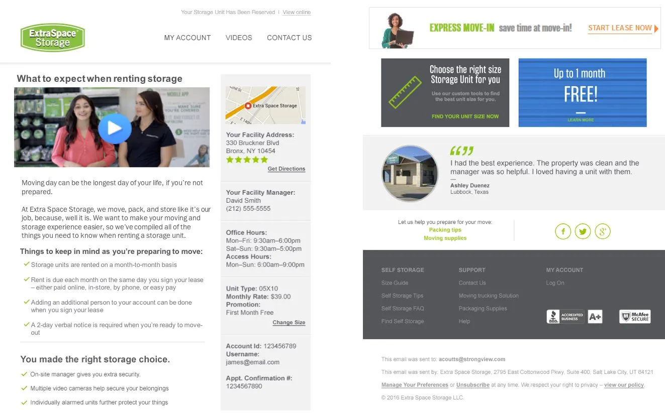 A storage company web page combining an explainer video with guidance on what to expect when renting