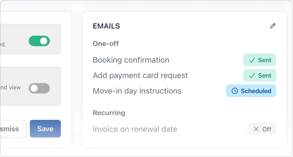 The subscription emails panel showing one-off and recurring emails with sent, scheduled and off statuses