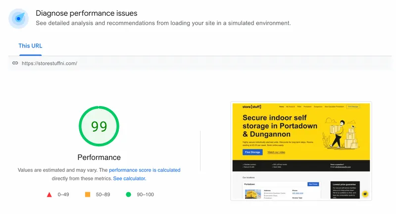 StoreStuff - example of a Stora website's performance in Google Page Speed Insights